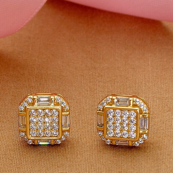 Gold CZ Stud Earrings, 14k Gold 10mm Icy Bling Square CZ Studs - Picture 3 of 9
